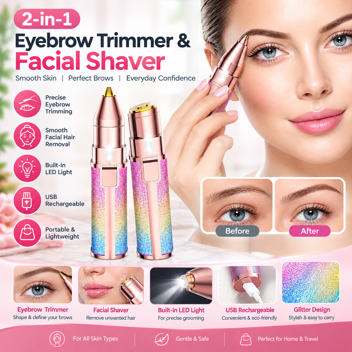 2-in-1 Eyebrow Trimmer & Facial Shaver | USB Rechargeable Eyebrow Hair Remover |