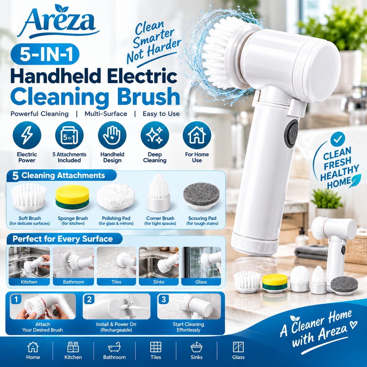 5-In-1 Electric Cleaning Brush | Handheld Multi-Purpose Scrubber | Household Surface Cleaning Tool
