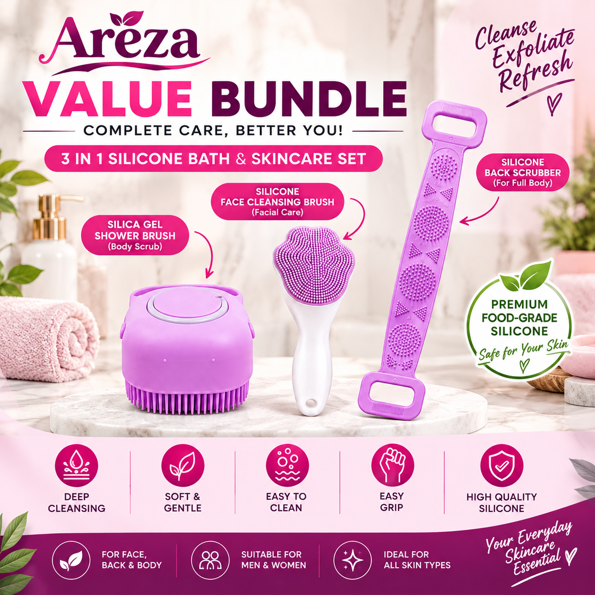 3-in-1 Silicone Bath & Skincare Set | Shower Body Scrubber, Back Scrubber & Face Cleansing Brush