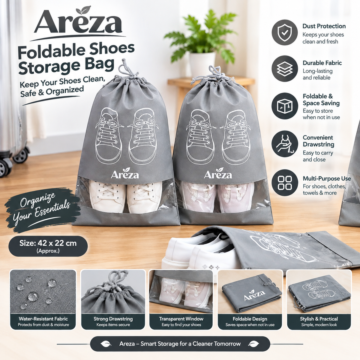 Shoe Bags for Travel – Dustproof Shoe Storage Organizer with Clear Window, Non-Woven Packing Pouch |