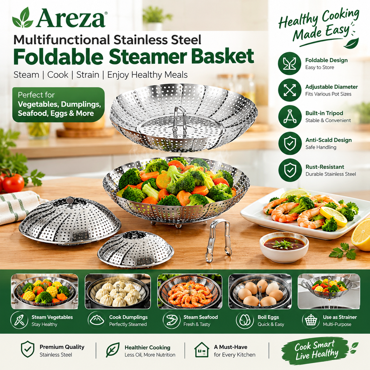 Stainless Steel Steamer Basket | Foldable Vegetable Steamer Rack & Kitchen Strainer | Multipurpose Cooking Steamer