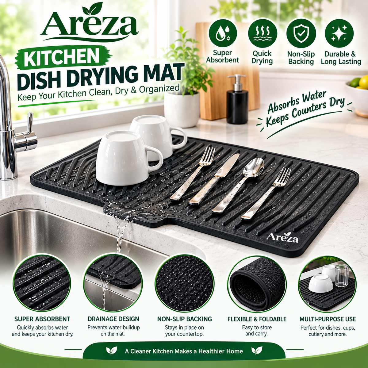 Big Size Silicone Sink Drain Mat – 14x10 Inch Anti-Slip Waterproof Kitchen Sink Pad | Kitchen Water Drain Mat