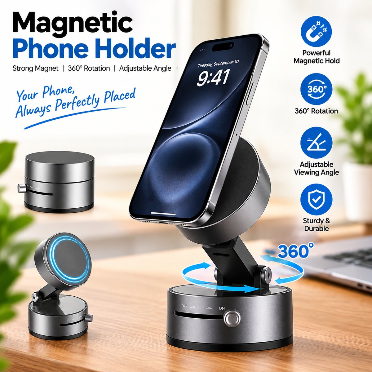 Double-Sided Magnetic Phone Holder – Adjustable Foldable 360° Rotating Vacuum Suction Mount