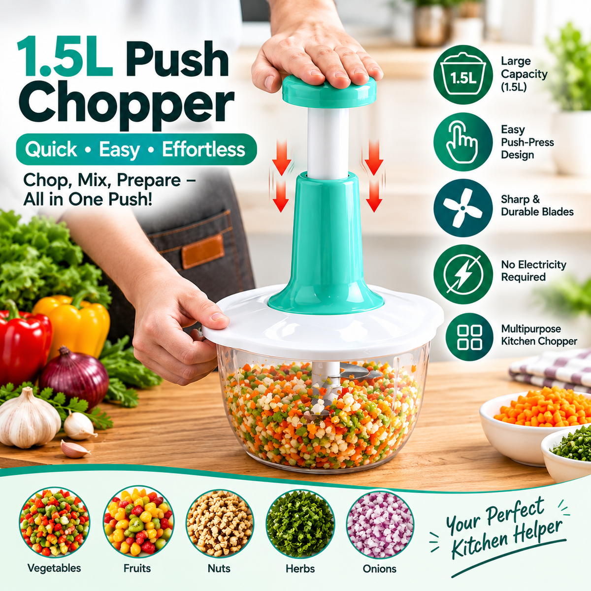 Push Chopper | Manual Hand Press Food Chopper for Kitchen | Multipurpose Vegetable & Meat Chopper