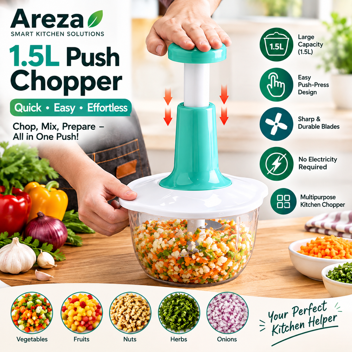 Push Chopper | Manual Hand Press Food Chopper for Kitchen | Multipurpose Vegetable & Meat Chopper