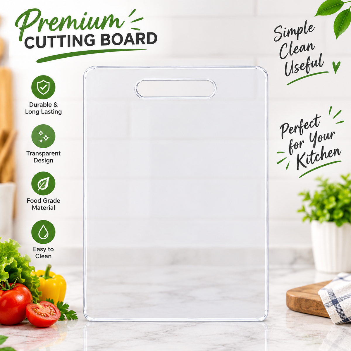 Premium Acrylic Cutting Board 6mm – Transparent Chopping Board 17×10.5 Inch for Kitchen, Vegetables, Fruits & Meat