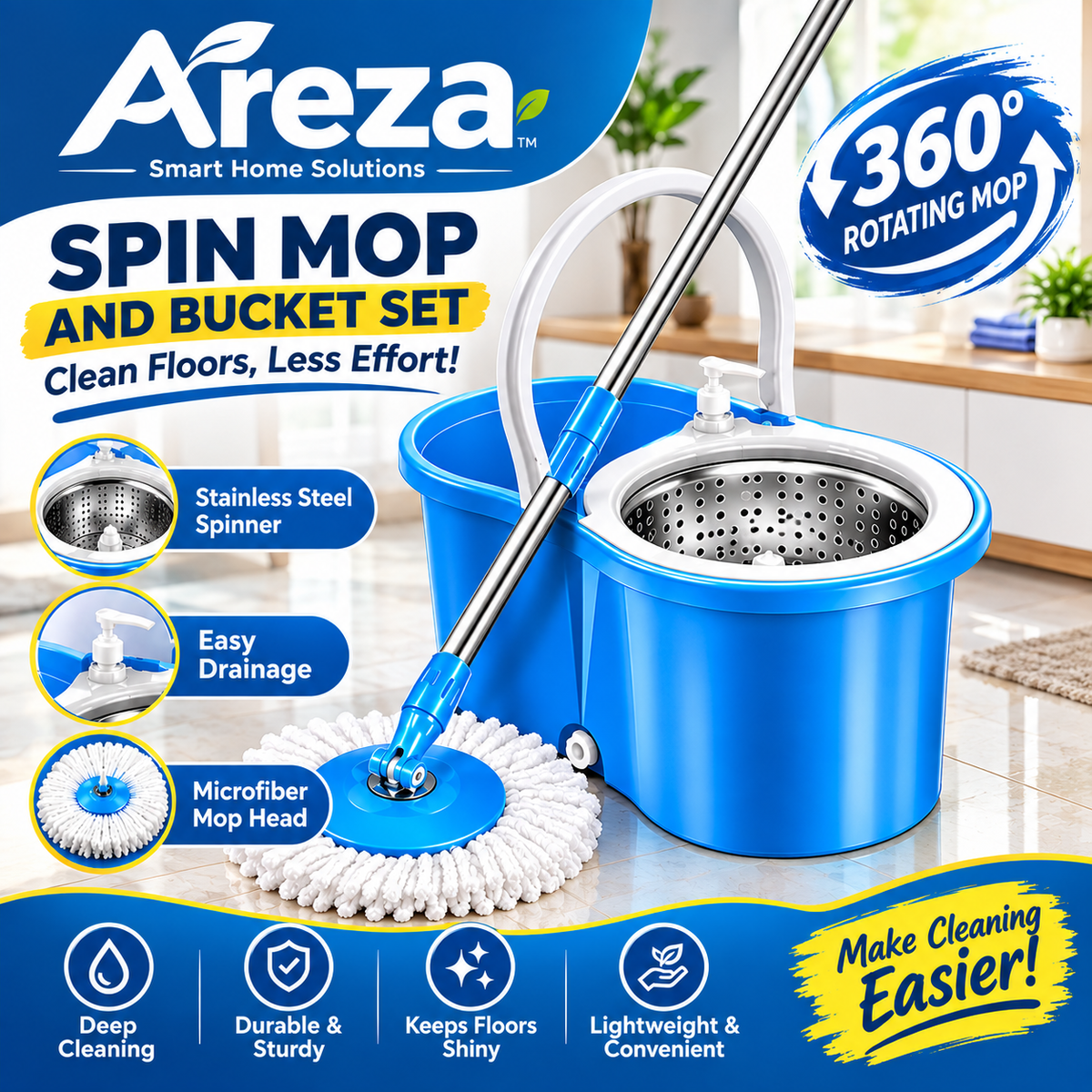 Microfiber Spin Mop with Bucket | 360° Rotating Floor Cleaning Mop