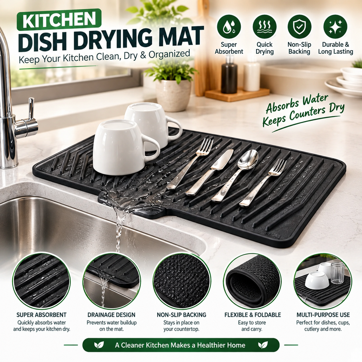 Big Size Silicone Sink Drain Mat – 14x10 Inch Anti-Slip Waterproof Kitchen Sink Pad | Kitchen Water Drain Mat