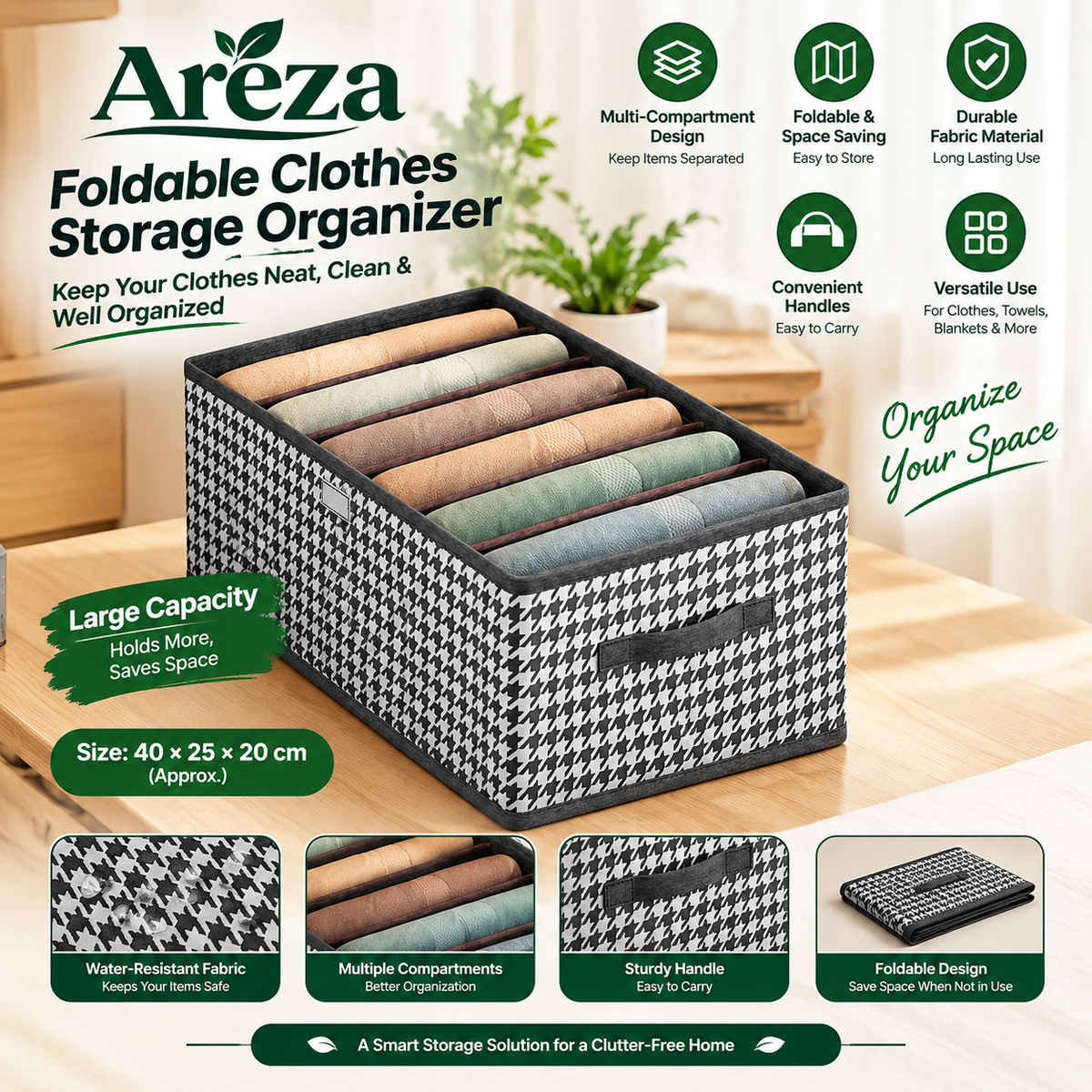 Clothes Storage Organizer Box – Foldable Wardrobe Storage Container with Lid for Blankets, Quilts, Clothes & Closet Organization