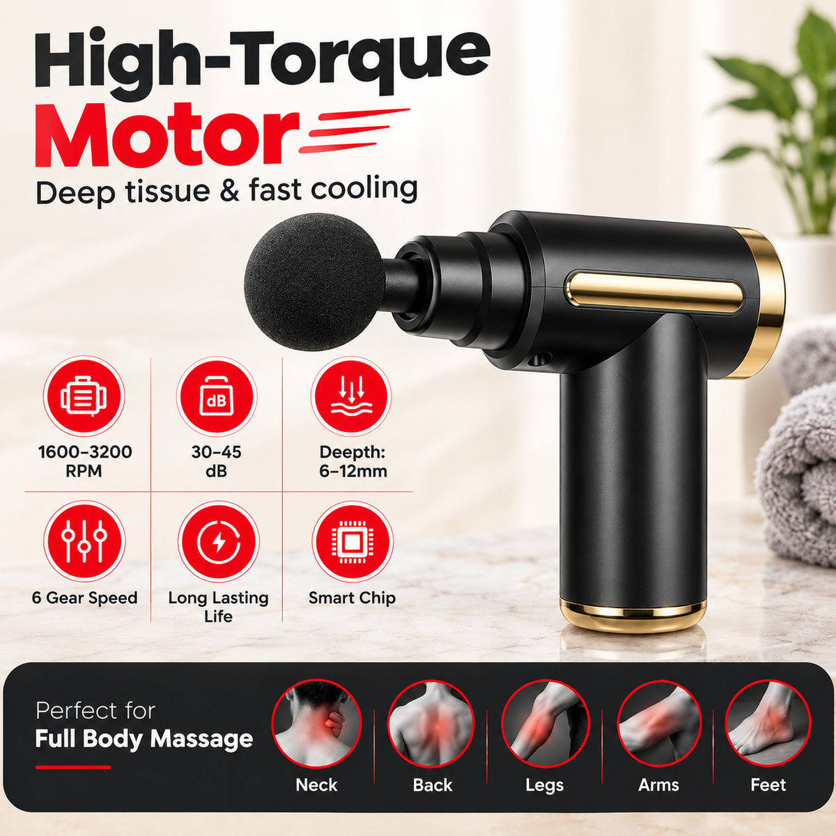 4-in-1 Massage Gun | Rechargeable Deep Tissue Massager with 5 Speed Modes | Foot, Neck & Body Massage Machine