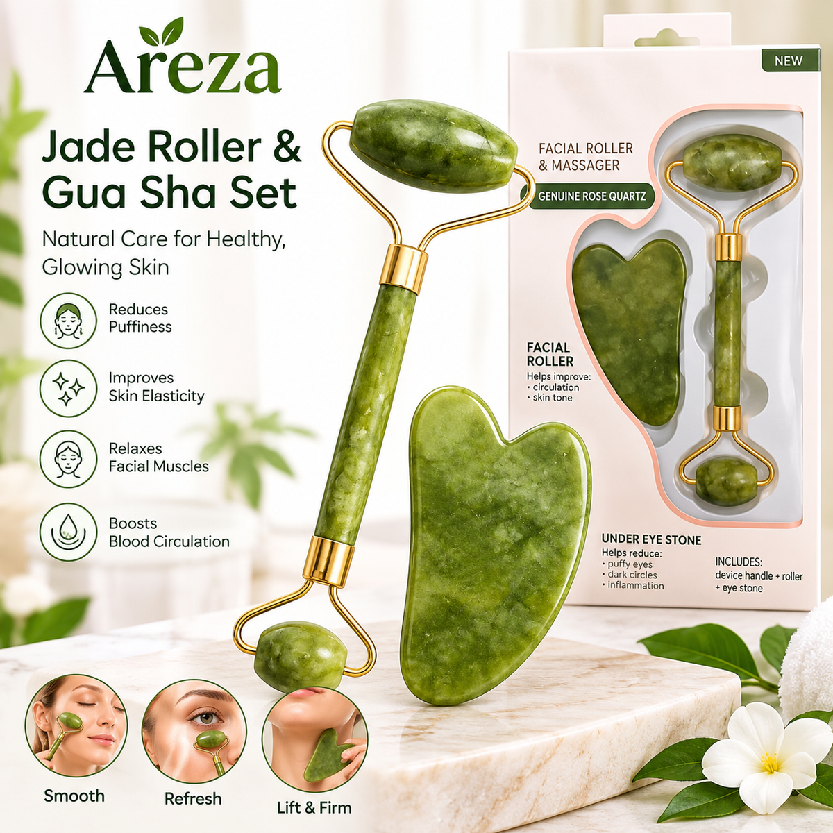 Jade Roller & Gua Sha Set – Natural Jade Facial Massage Tool for Skin Care, Face Lifting & Relaxation