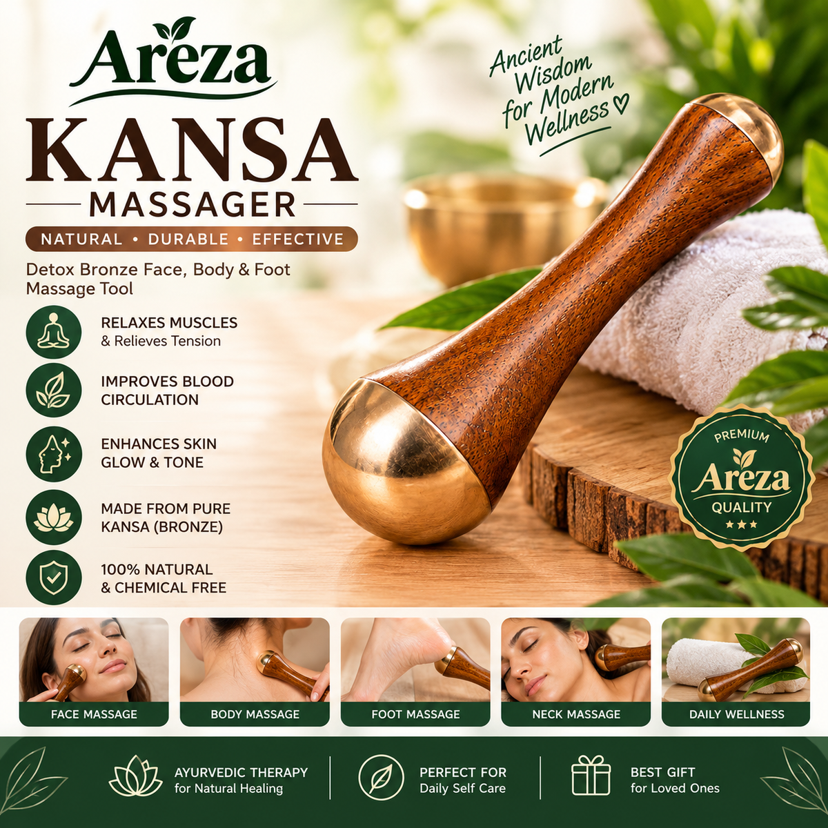 Kansa Wand Massager | Bronze Face, Body & Foot Massage Tool | Ayurvedic Skincare & Wellness Accessory