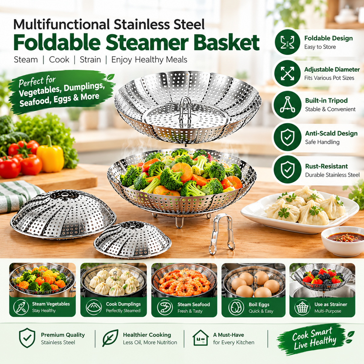 Stainless Steel Steamer Basket | Foldable Vegetable Steamer Rack & Kitchen Strainer | Multipurpose Cooking Steamer