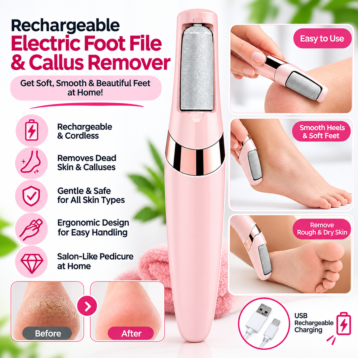 Rechargeable Electric Foot File & Callus Remover – Painless Dead Skin Remover for Soft, Smooth Feet | Areza