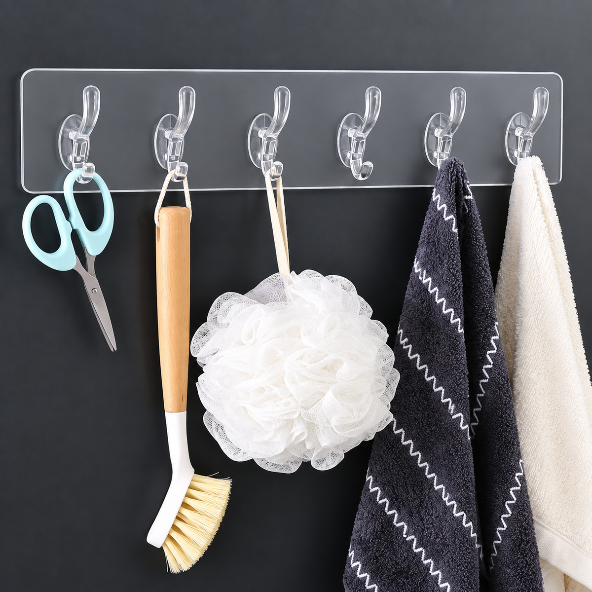 Adhesive Wall Hooks 6-Hook Hanger – Self-Adhesive Hooks for Kitchen, Bathroom & Bedroom | Pack of 4