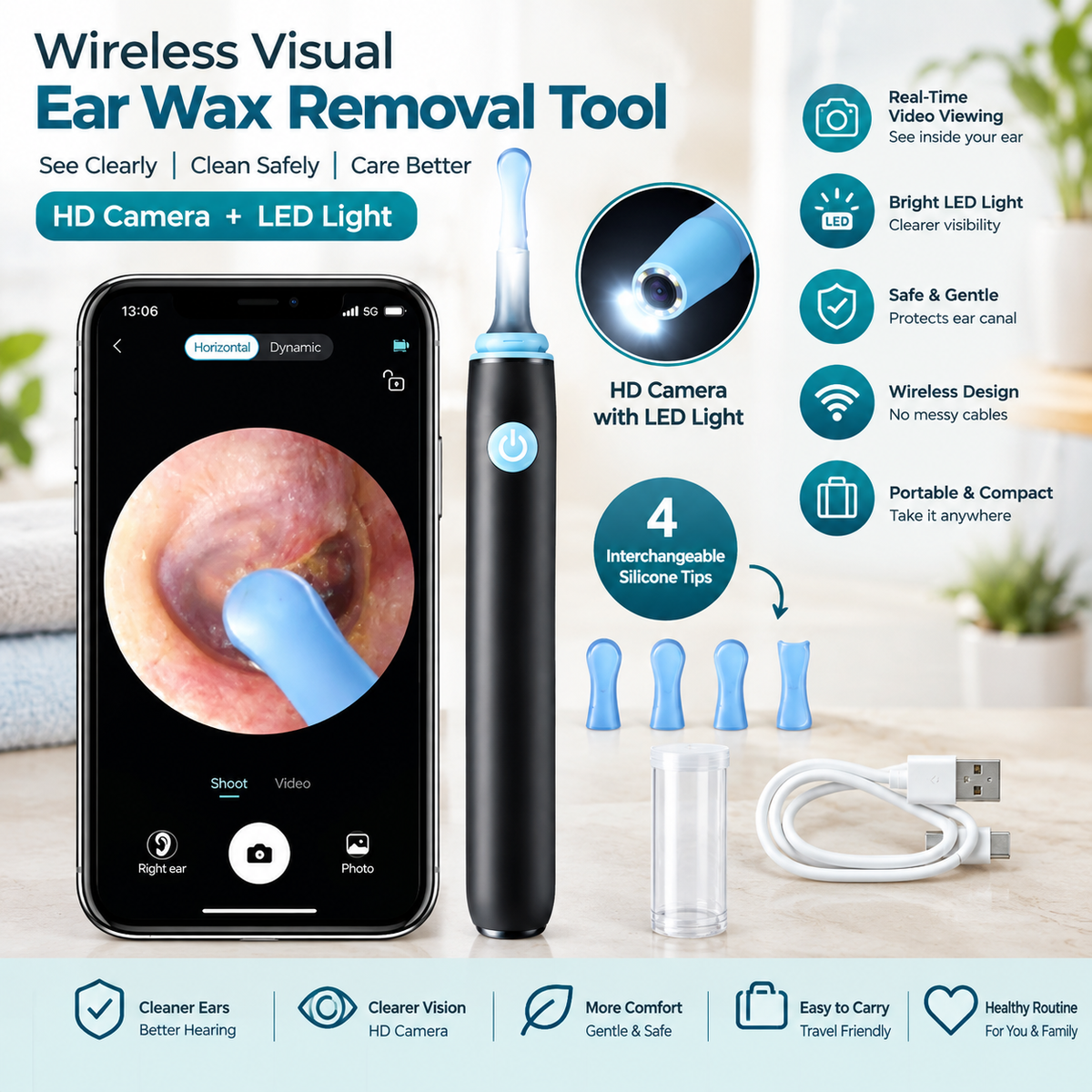 Ear Cleaner with Camera & LED Light | Smart Wireless Ear Wax Removal Tool | High-Precision Ear Cleaning Kit