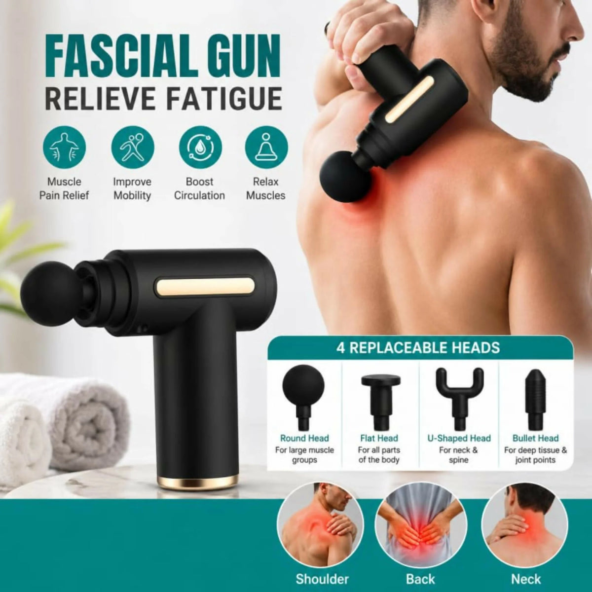 4-in-1 Massage Gun | Rechargeable Deep Tissue Massager with 5 Speed Modes | Foot, Neck & Body Massage Machine