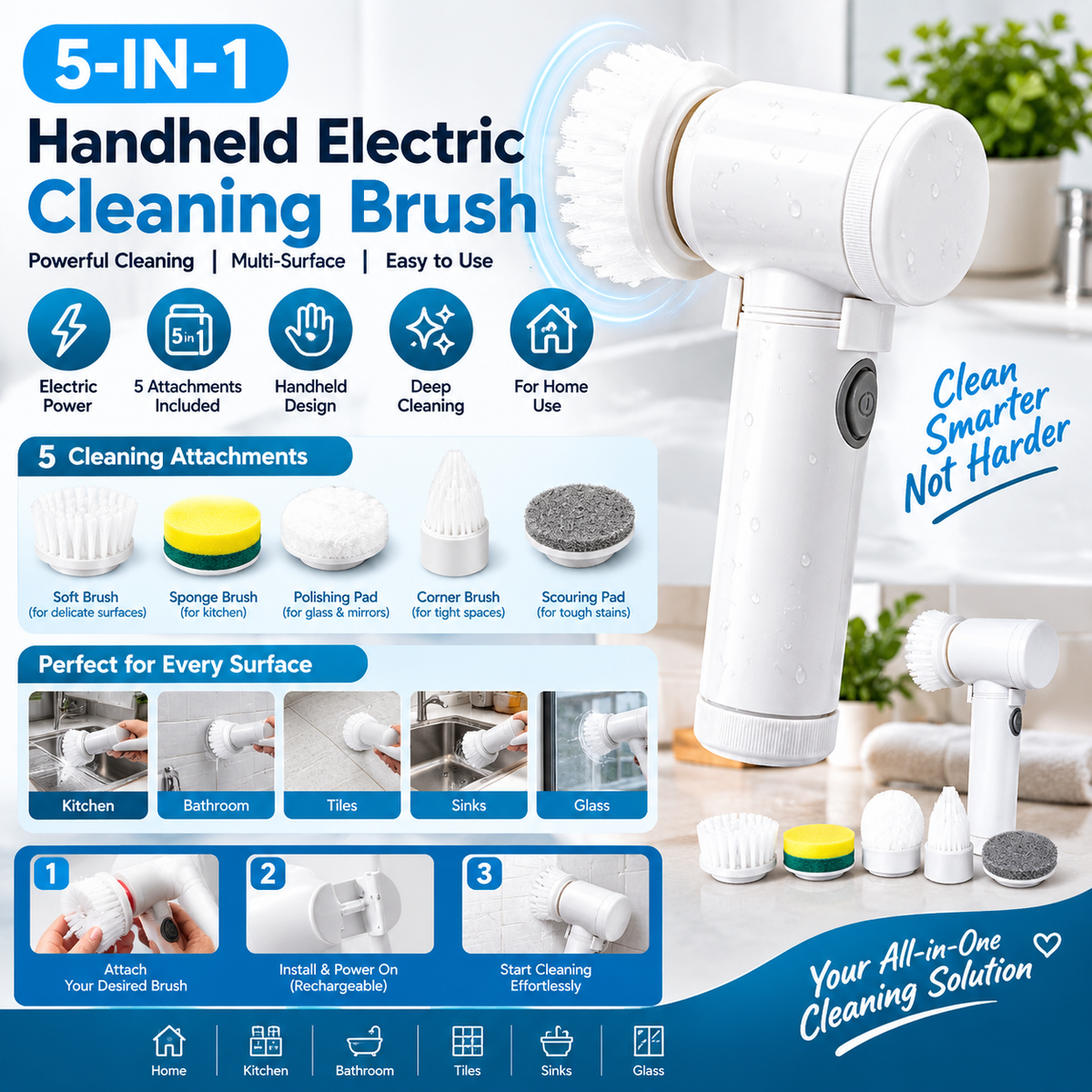 5-In-1 Electric Cleaning Brush | Handheld Multi-Purpose Scrubber | Household Surface Cleaning Tool