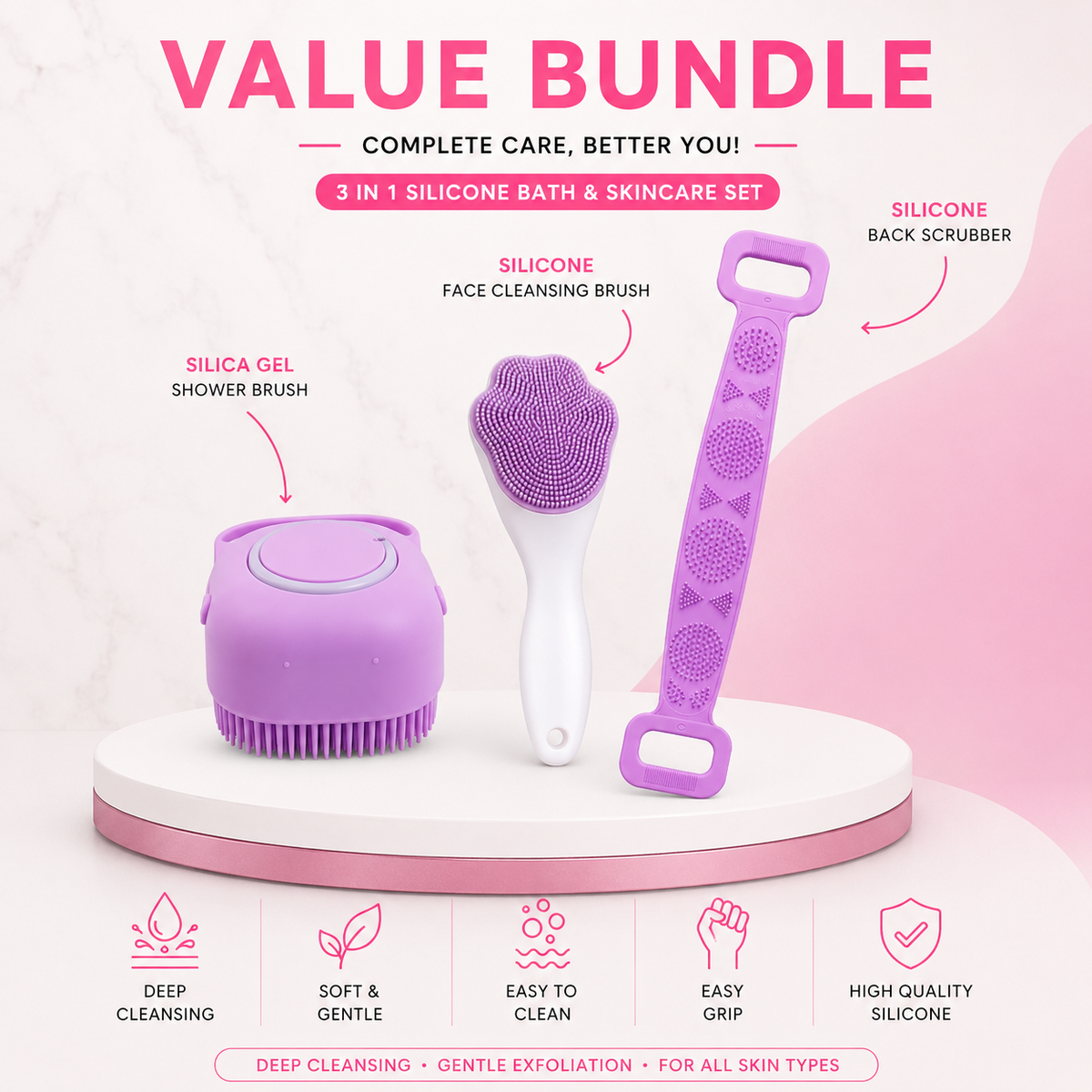 3-in-1 Silicone Bath & Skincare Set | Shower Body Scrubber, Back Scrubber & Face Cleansing Brush
