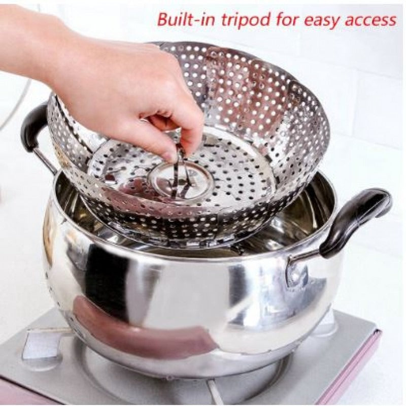 Stainless Steel Steamer Basket | Foldable Vegetable Steamer Rack & Kitchen Strainer | Multipurpose Cooking Steamer