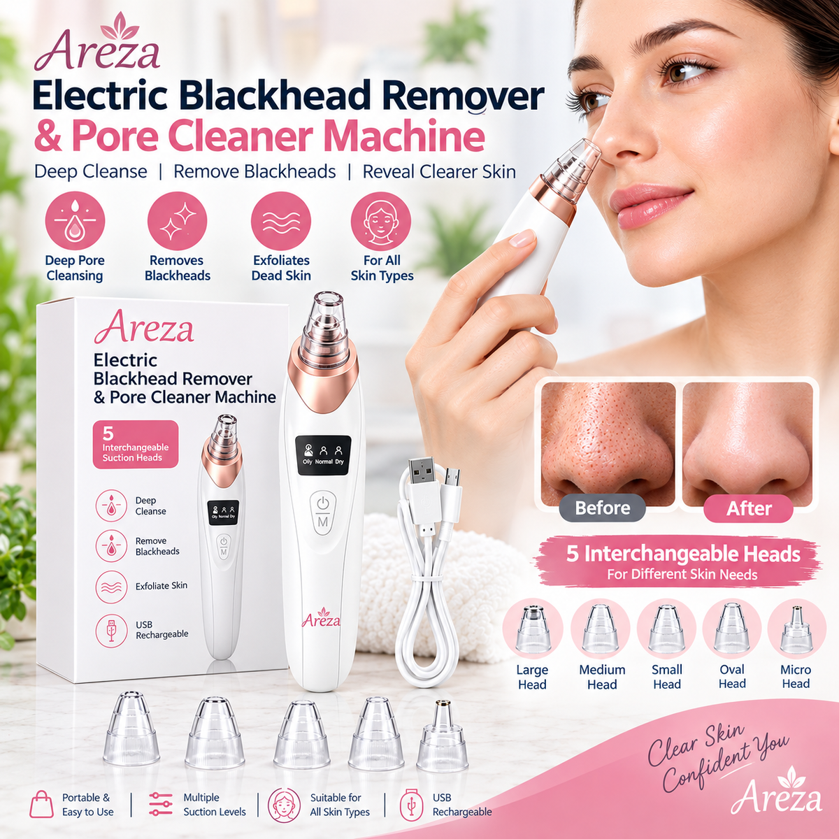 Electric Blackhead Remover | 5-Head Pore Cleaner Vacuum | Acne & Facial Pore Suction Device