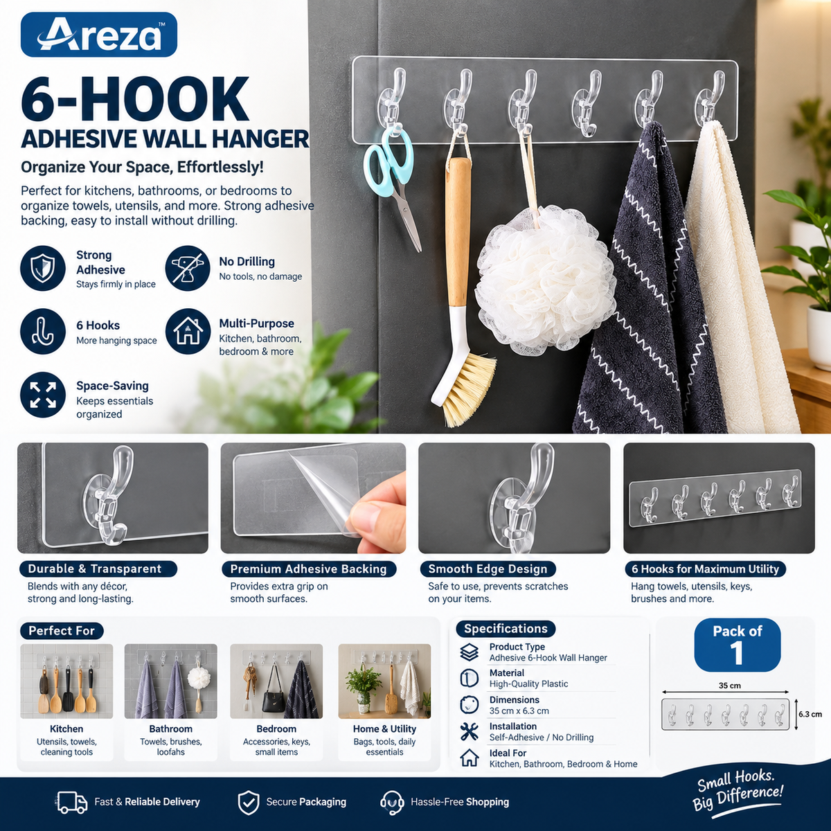 Adhesive Wall Hooks 6-Hook Hanger – Self-Adhesive Hooks for Kitchen, Bathroom & Bedroom | Pack of 4