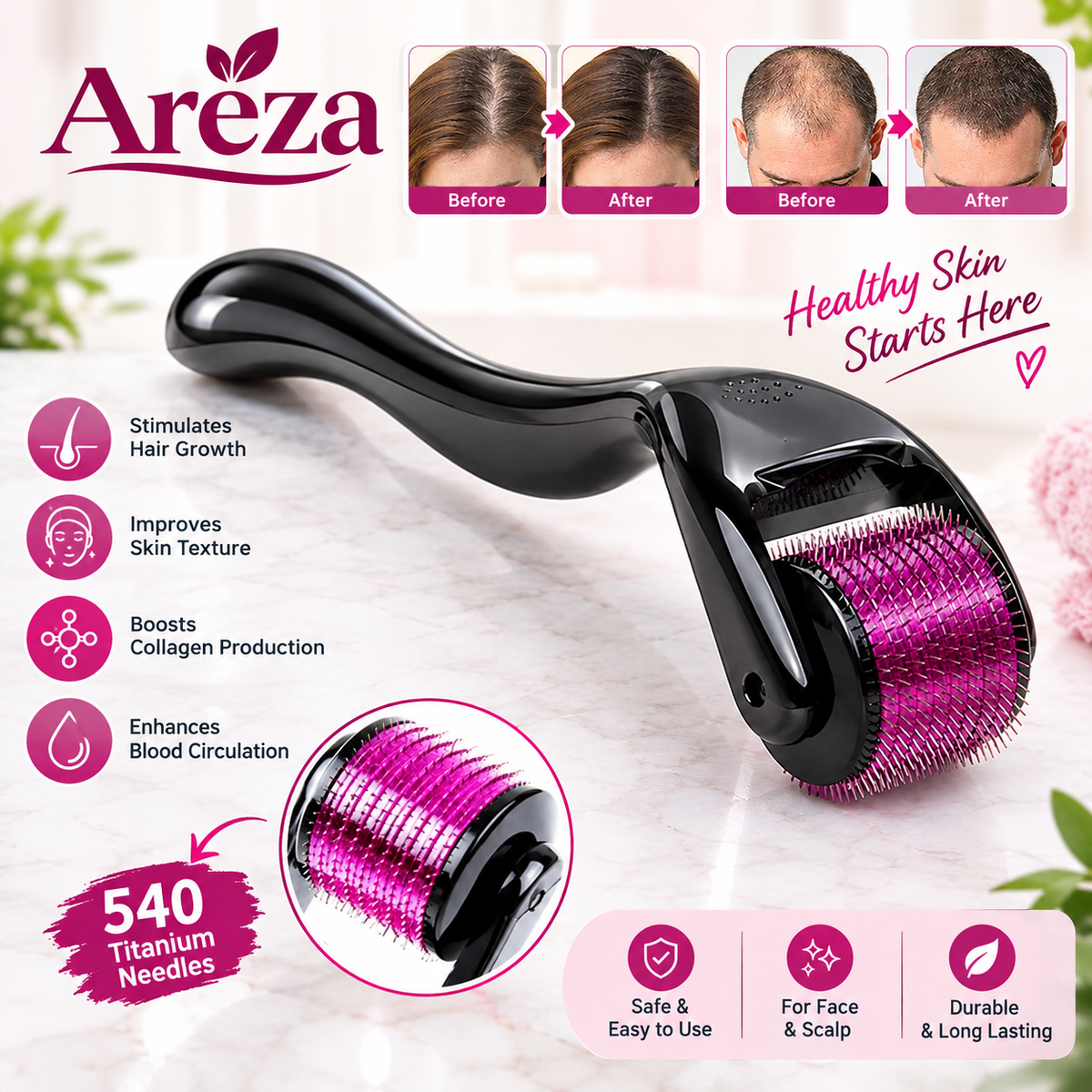 0.5mm Derma Roller – 540 Micro Needle Skin & Scalp Roller for Hair Growth, Facial Care & Skin Repair | 1 Pack