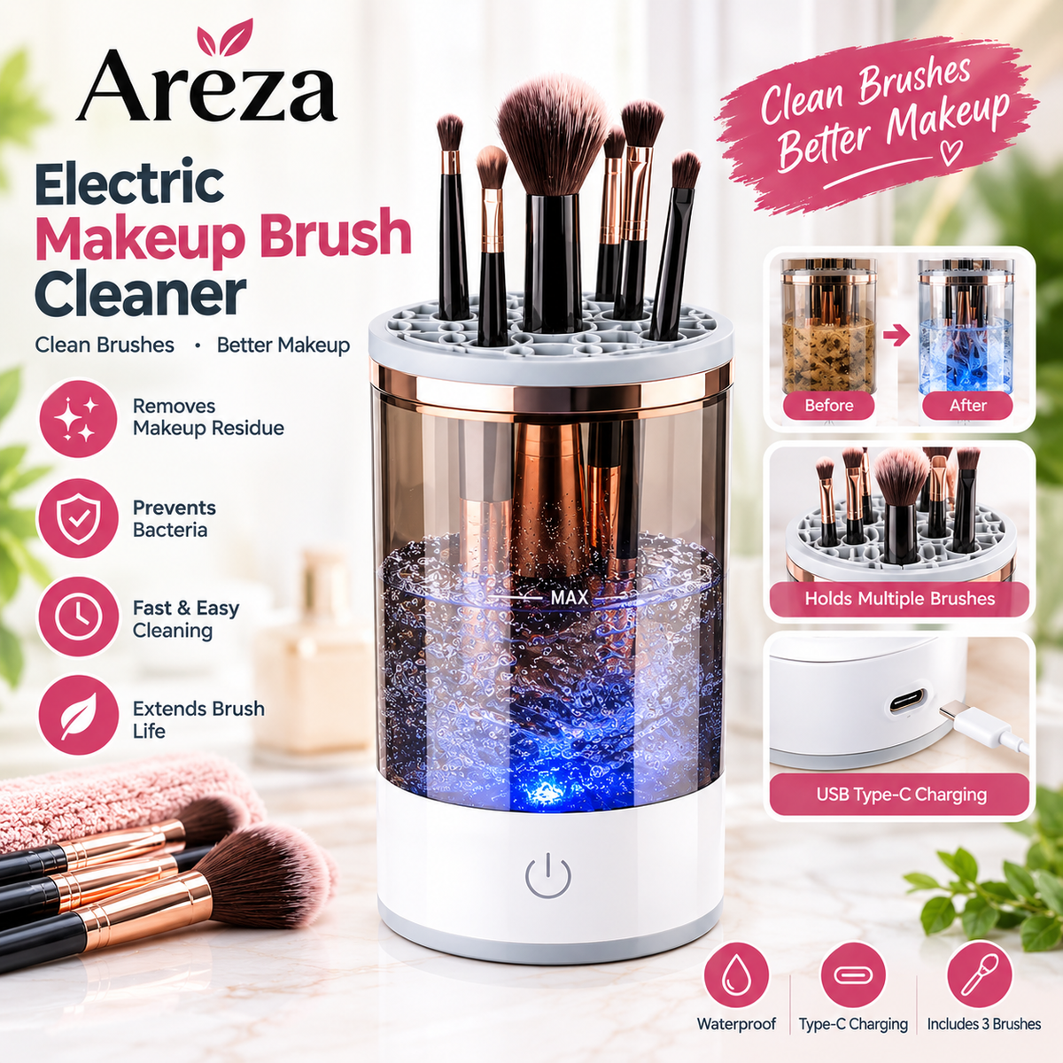 3-in-1 Electric Makeup Brush Cleaner – Automatic Makeup Brush Washing & Drying Machine with Brush Holder