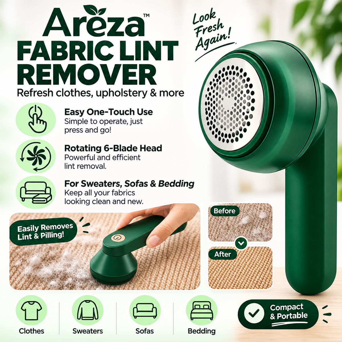 Rechargeable Lint Remover | Portable Electric Fabric Shaver for Clothes, Sweaters & Upholstery | Reusable Fuzz & Bobble Remover
