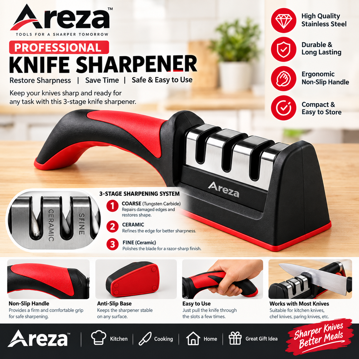 3-in-1 Knife Sharpener with Peeler – 3-Stage Diamond Coated Kitchen Knife Sharpener & Ceramic Peeler Set