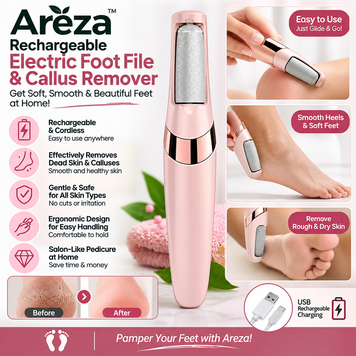 Rechargeable Electric Foot File & Callus Remover – Painless Dead Skin Remover for Soft, Smooth Feet | Areza