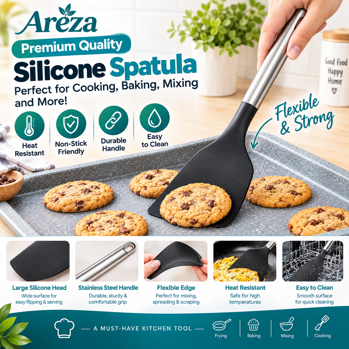 Stainless Steel Handle Silicone Spatula | Heat-Resistant Kitchen Cooking Turner | Frying, Baking & Mixing Tool