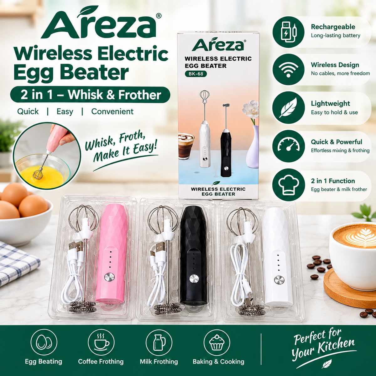 Wireless 2 in 1 Electric Egg Beater & Coffee Frother – Rechargeable Handheld Kitchen Mixer