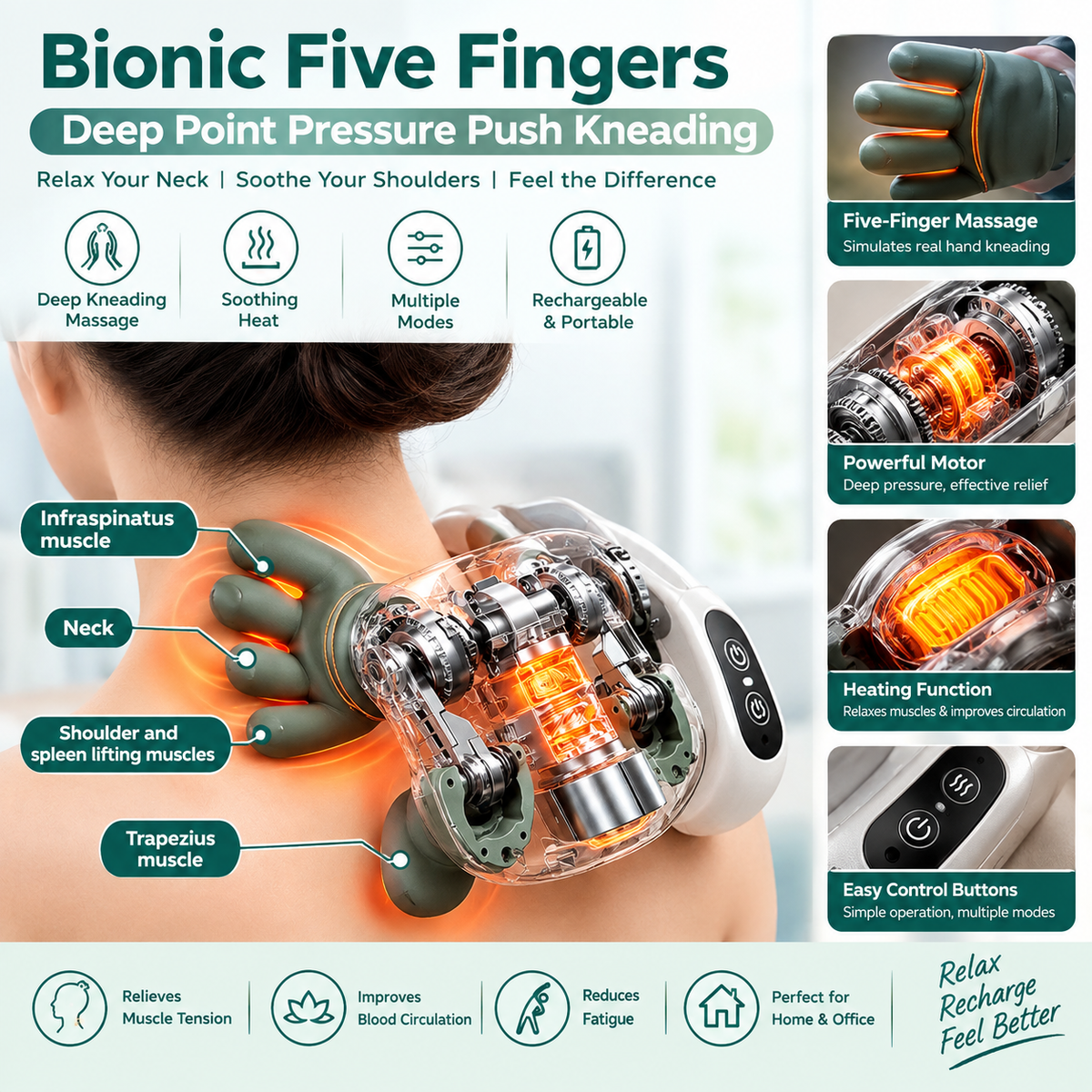 Smart Neck Massager | Electric Heated Deep Kneading Shoulder & Back Massager | Finger Pressure Relaxation Device