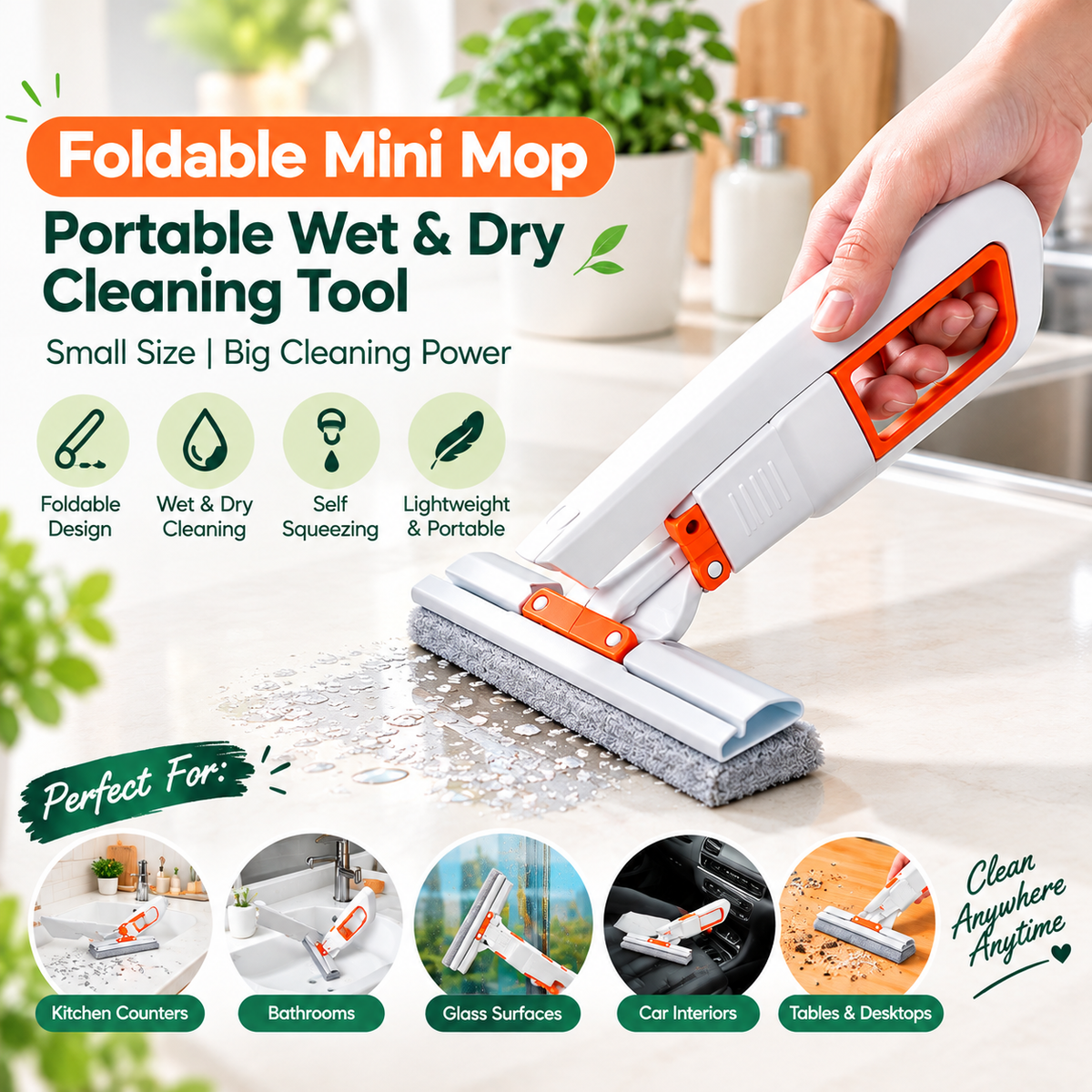 Foldable Mini Mop – Portable Desktop Wet & Dry Cleaning Mop | Self-Squeezing Compact Mop