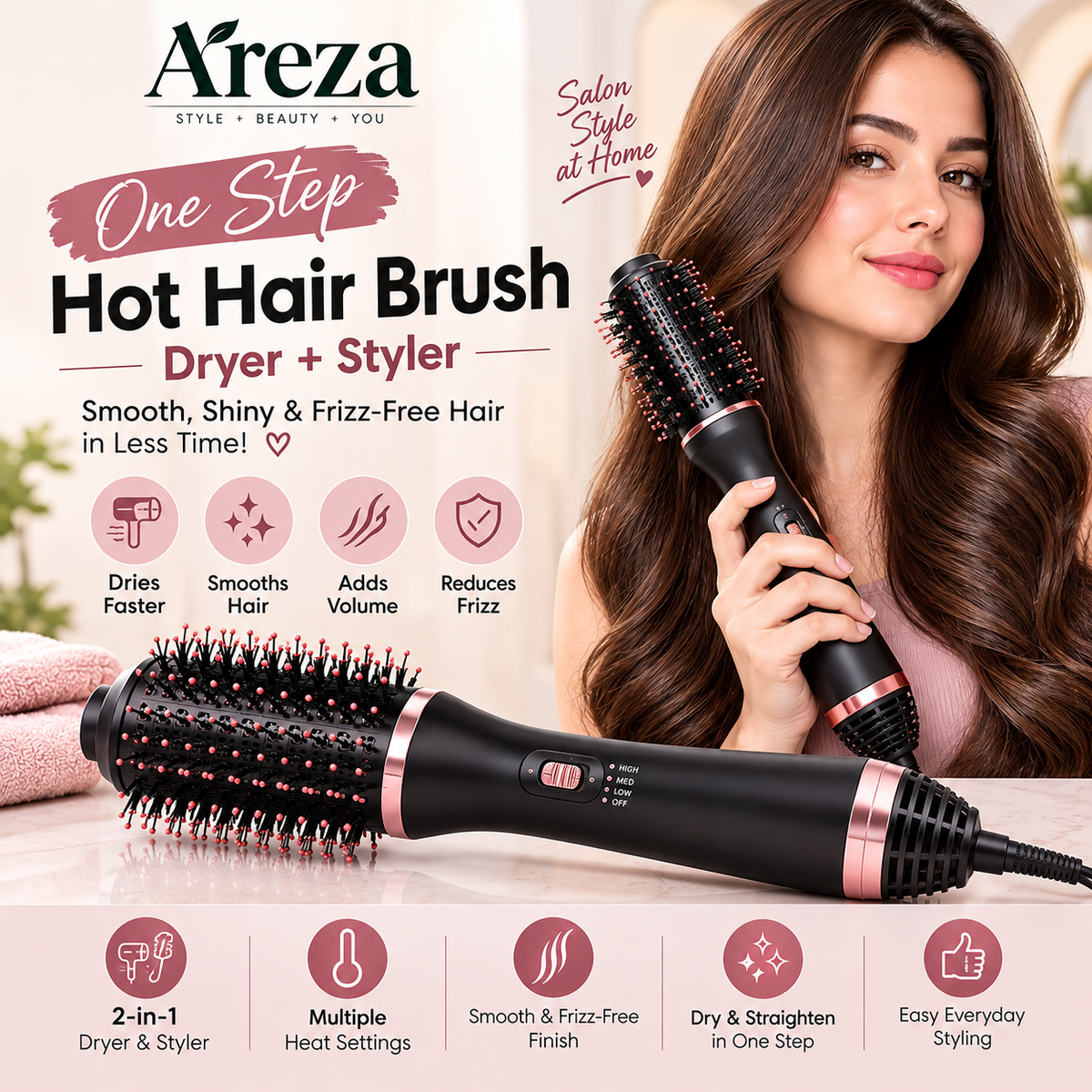 One Step Hot Air Brush – Hair Dryer & Styler | Volumizing Blow Dry Brush for Smooth Hair