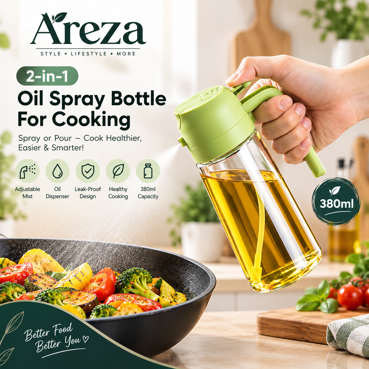 2-in-1 Oil Spray Bottle For Cooking – 380ml Adjustable Mist & Oil Dispenser