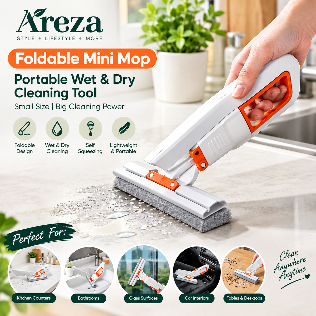 Foldable Mini Mop – Portable Desktop Wet & Dry Cleaning Mop | Self-Squeezing Compact Mop