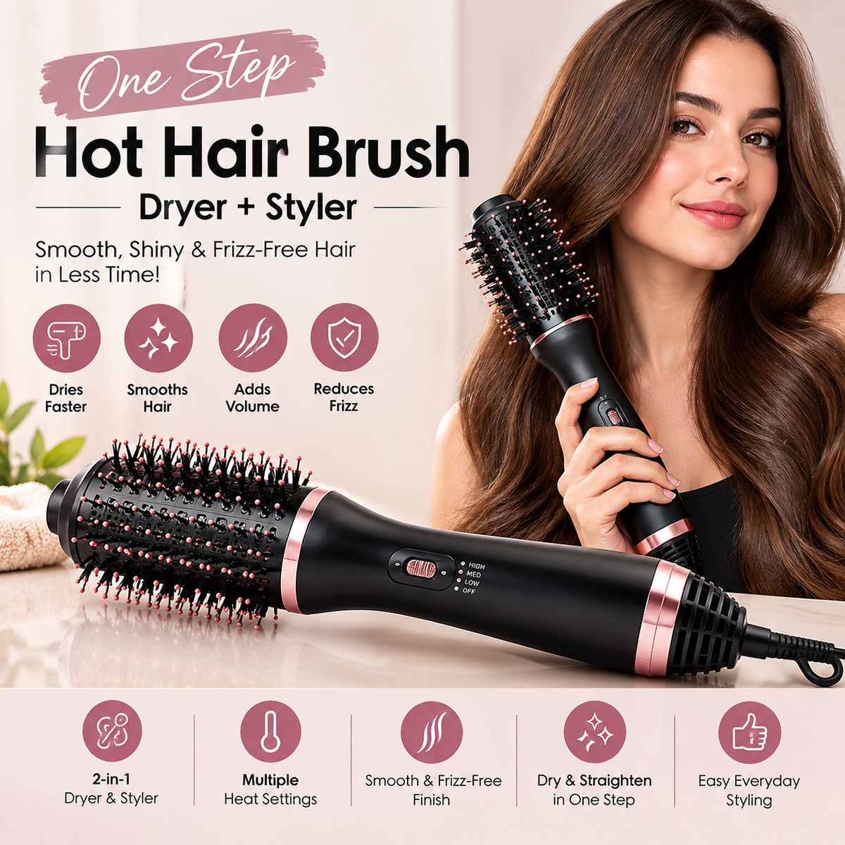 One Step Hot Air Brush – Hair Dryer & Styler | Volumizing Blow Dry Brush for Smooth Hair