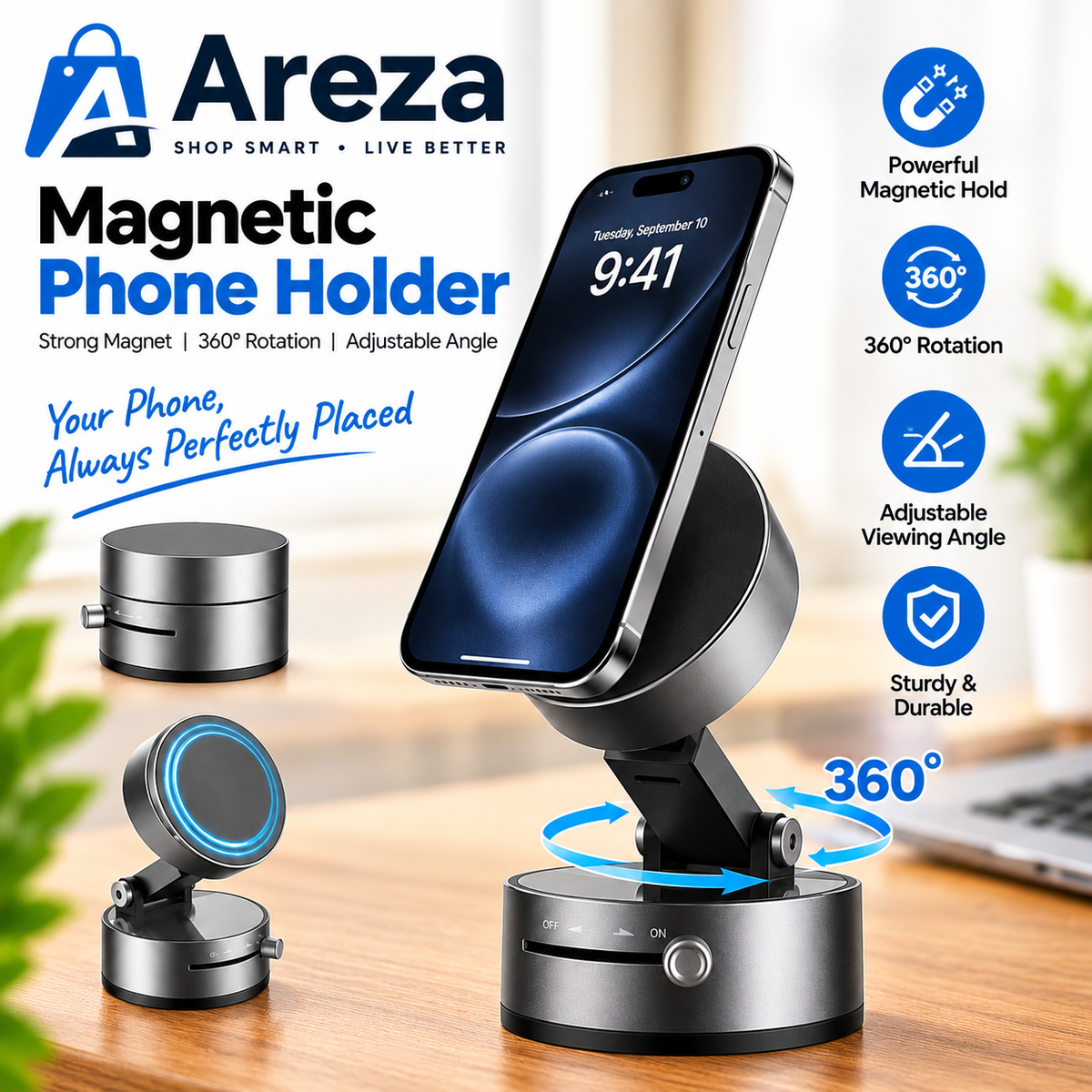 Double-Sided Magnetic Phone Holder – Adjustable Foldable 360° Rotating Vacuum Suction Mount