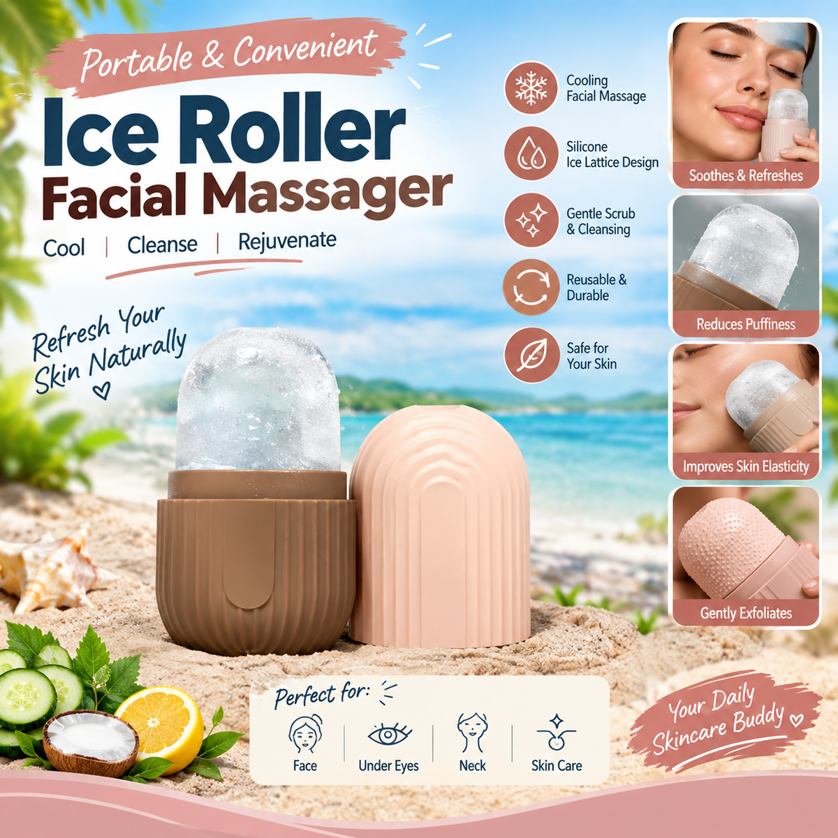 Ice Roller Facial Massager | Silicone Ice Cube Roller with Scrub | Cooling Face Cleansing & Massage Tool
