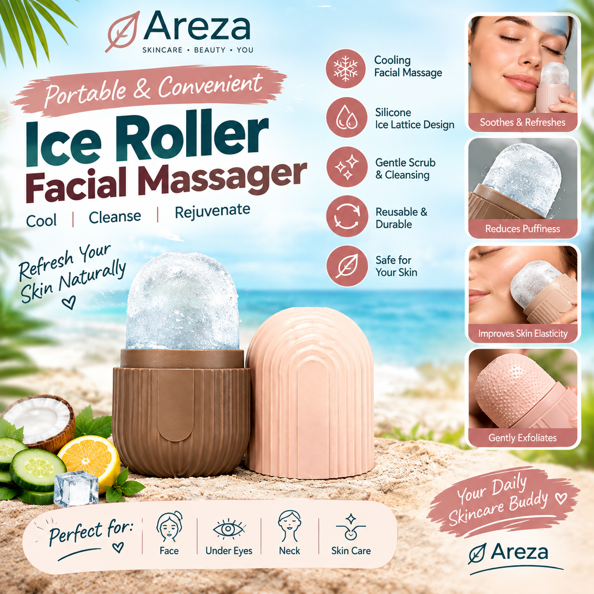 Ice Roller Facial Massager | Silicone Ice Cube Roller with Scrub | Cooling Face Cleansing & Massage Tool