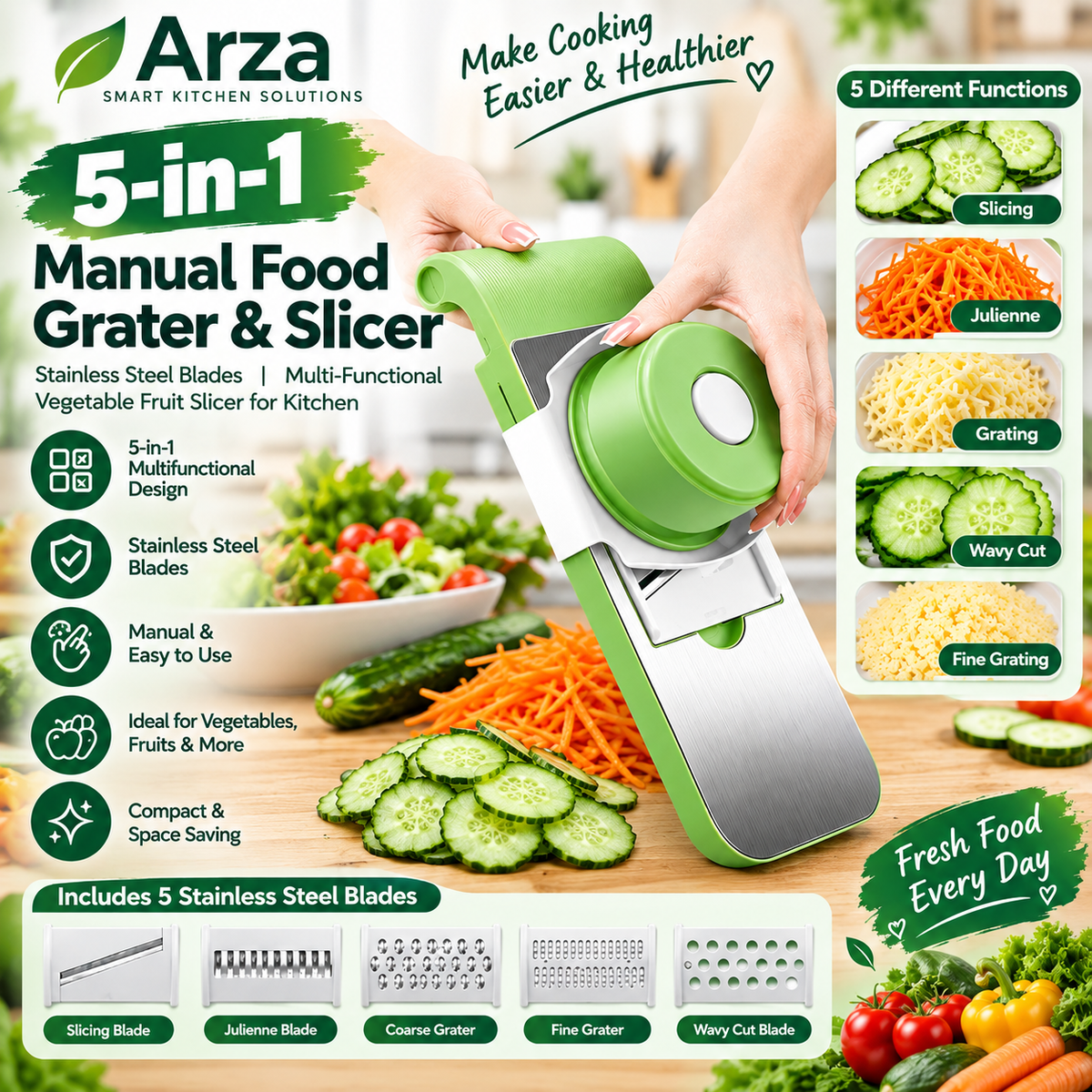 5-in-1 Manual Food Grater & Slicer | Stainless Steel Vegetable & Fruit Cutter | Multipurpose Kitchen Grater