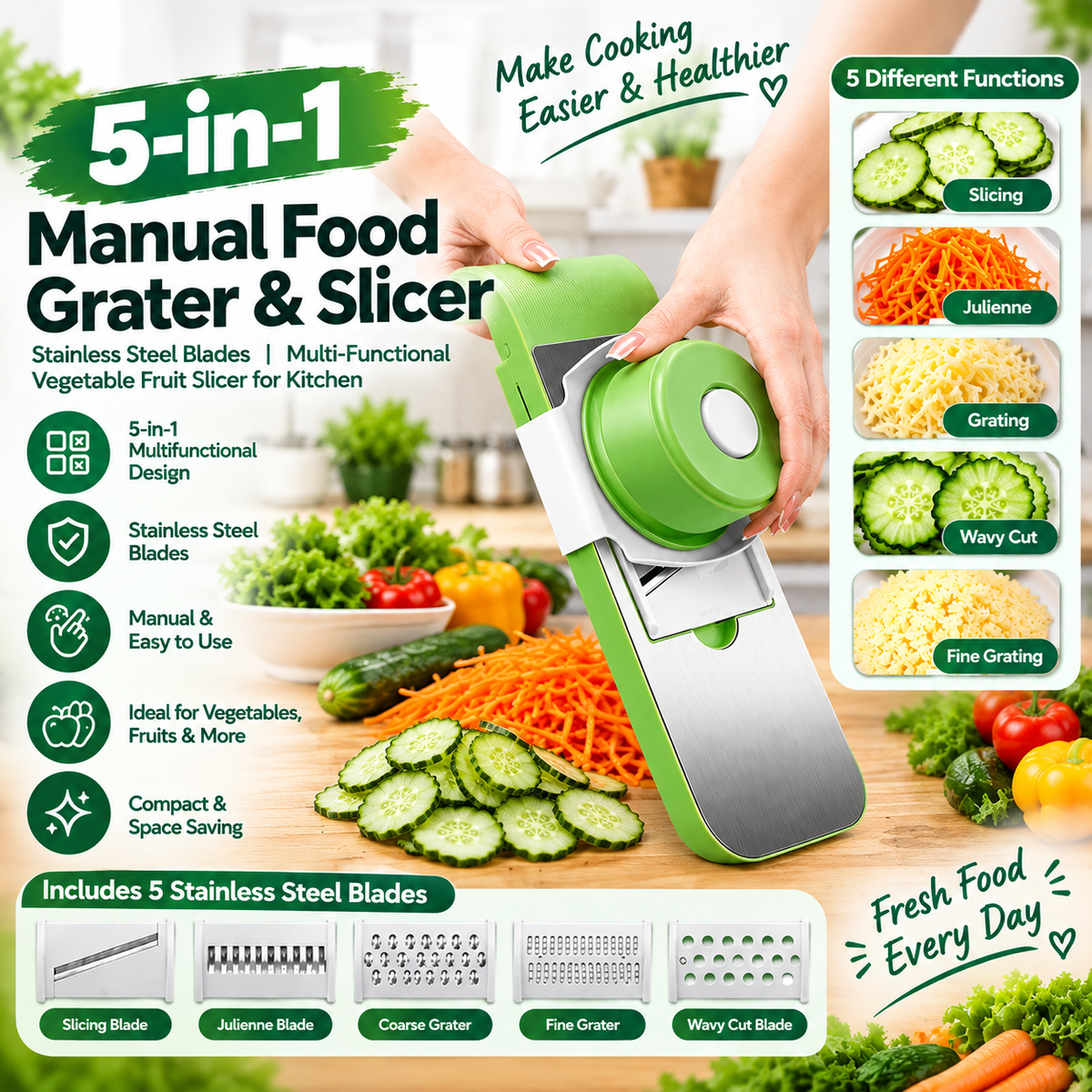 5-in-1 Manual Food Grater & Slicer | Stainless Steel Vegetable & Fruit Cutter | Multipurpose Kitchen Grater
