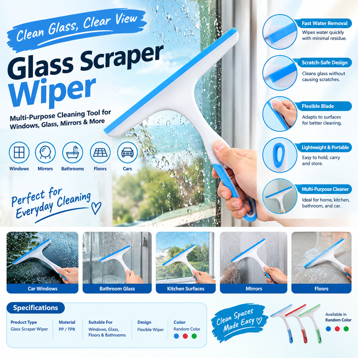 Glass Scraper Wiper | Multi-Purpose Window Cleaning Brush | Car, Kitchen & Bathroom Squeegee Cleaner