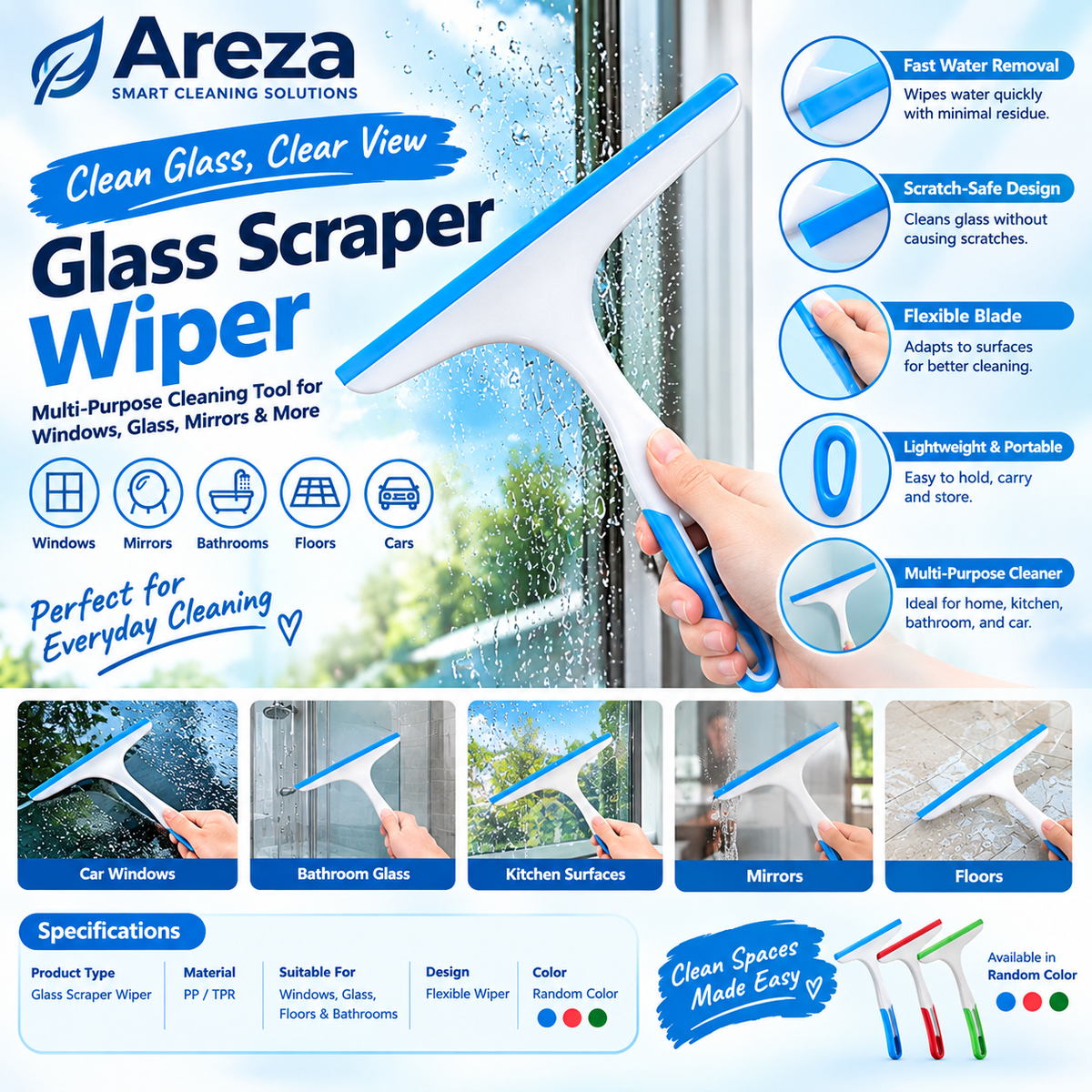 Glass Scraper Wiper | Multi-Purpose Window Cleaning Brush | Car, Kitchen & Bathroom Squeegee Cleaner