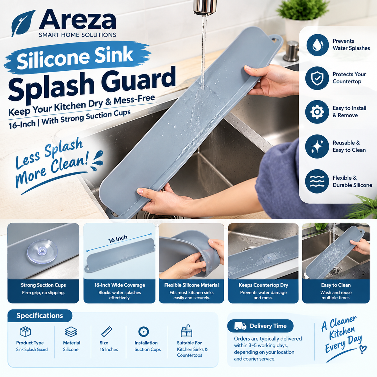 Silicone Sink Splash Guard | 16-Inch Kitchen Sink Water Splash Guard with Strong Suction Cups