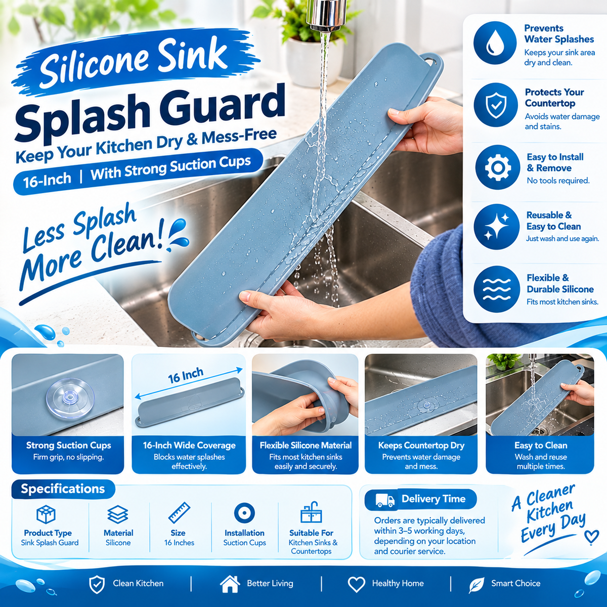 Silicone Sink Splash Guard | 16-Inch Kitchen Sink Water Splash Guard with Strong Suction Cups