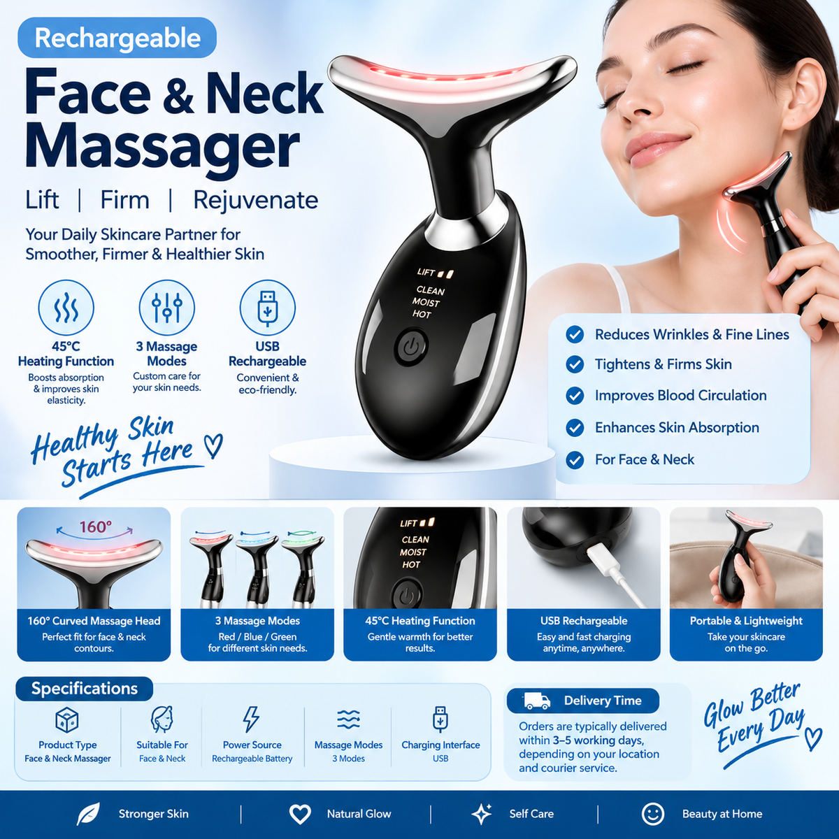 Rechargeable Face Massager | Neck & Facial Massage Device | Skin Tightening & Anti-Wrinkle Beauty Tool
