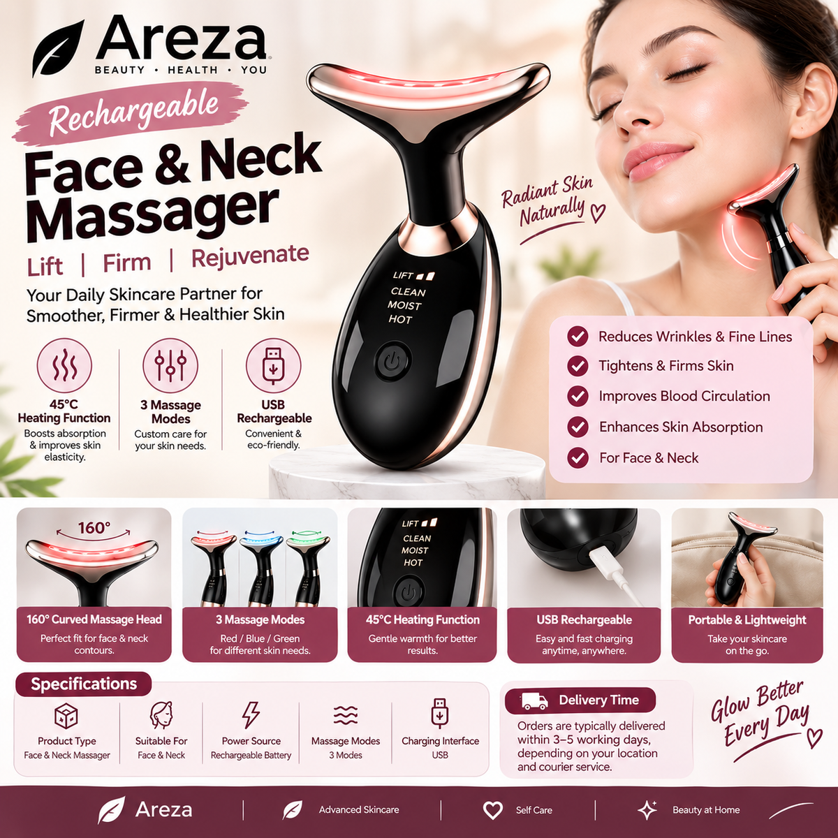 Rechargeable Face Massager | Neck & Facial Massage Device | Skin Tightening & Anti-Wrinkle Beauty Tool